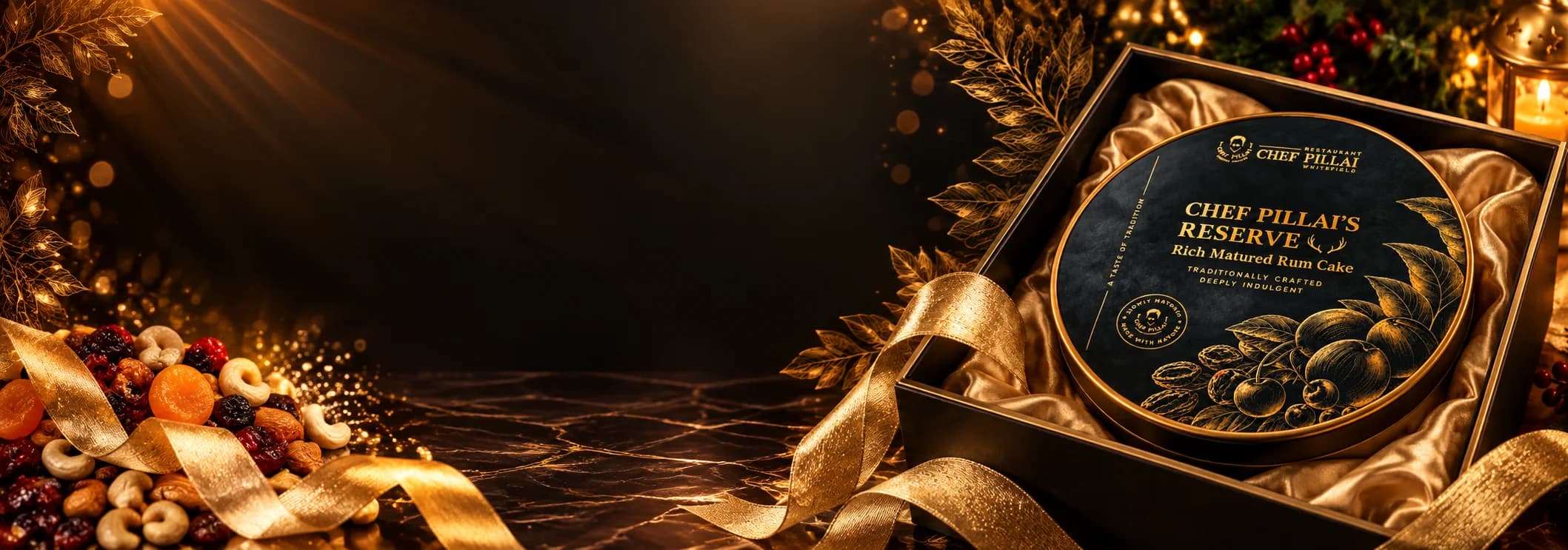 The Reserve tin nestled in gold satin inside an open gift box, tied with gold ribbon