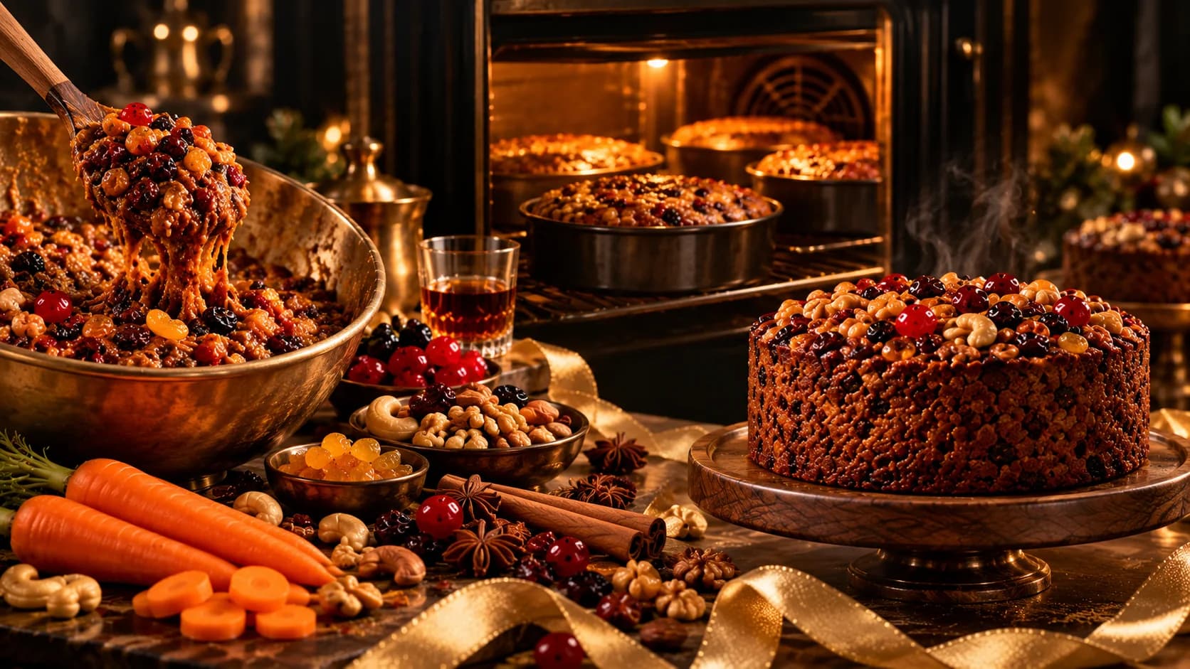 A freshly baked rich fruit cake on a wooden stand beside bowls of dry fruits, nuts and spices