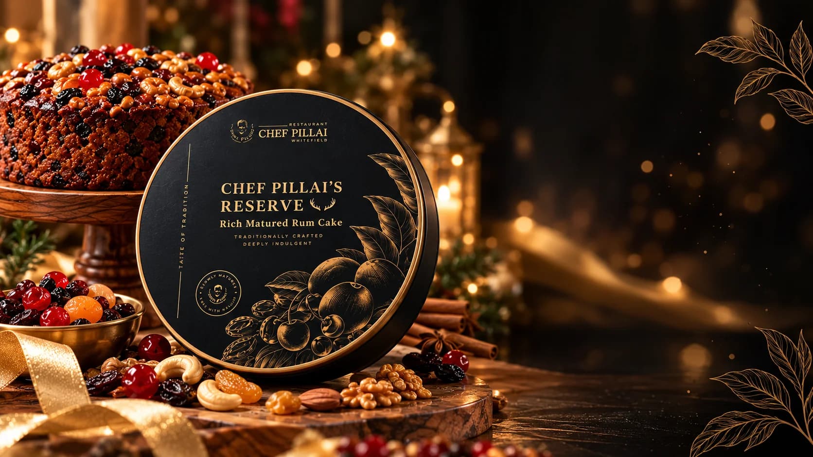 Chef Pillai's Reserve tin beside a rich fruit cake on a wooden stand, with dry fruits and gold ribbon