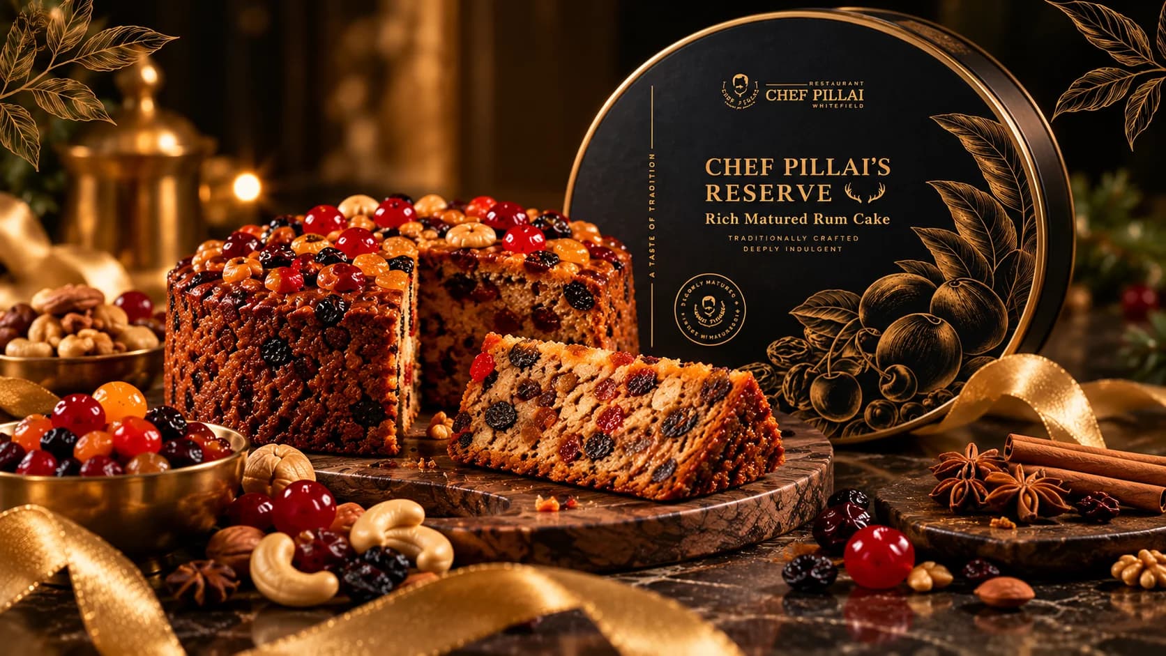 A sliced Reserve cake showing dry fruits inside, next to the black-and-gold tin