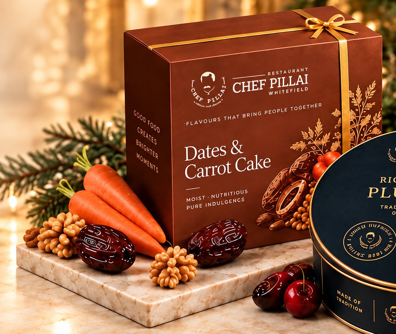 Chef Pillai Dates & Carrot Cake gift box with carrots, dates and walnuts
