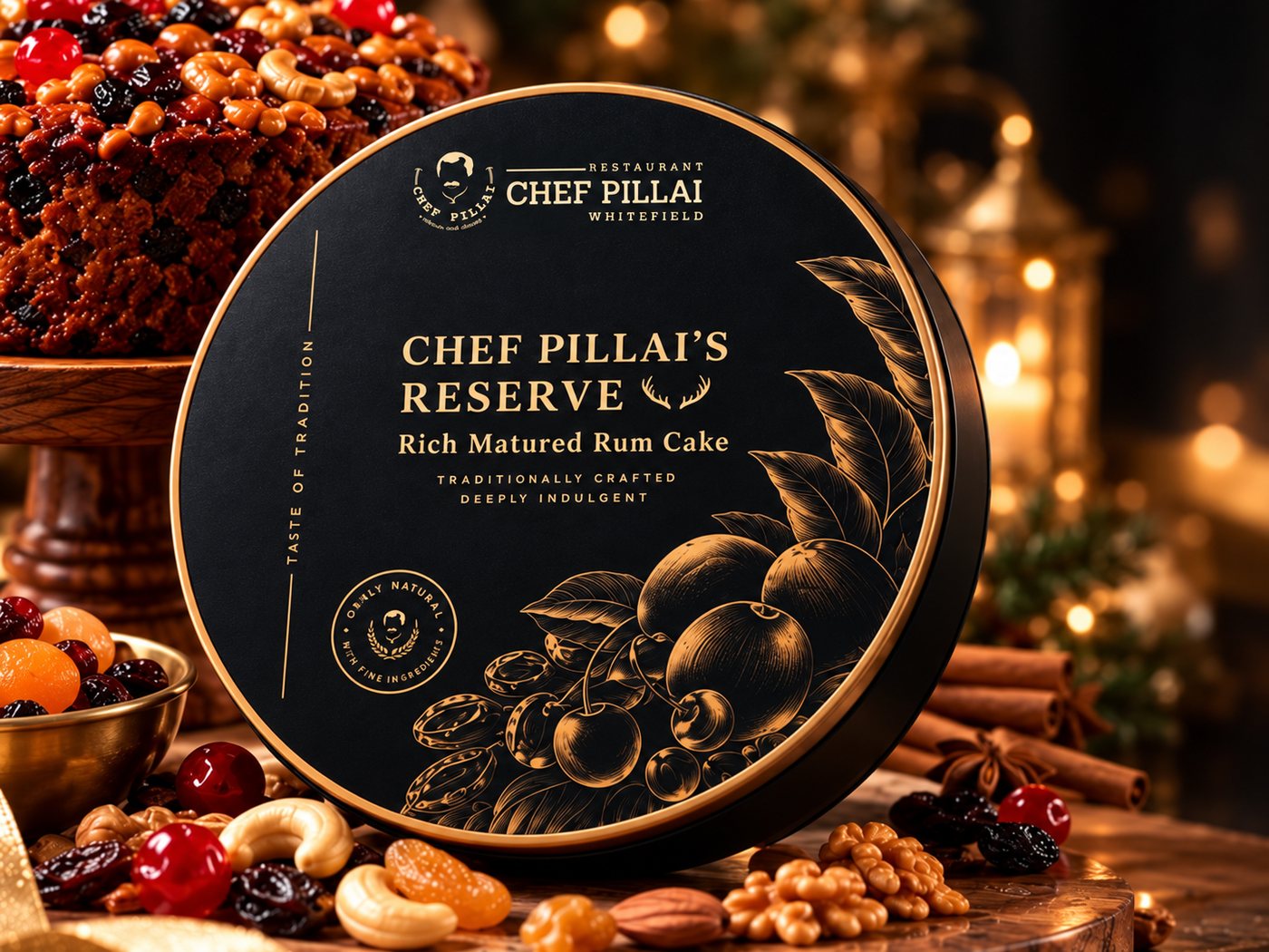 Chef Pillai's Reserve Rich Matured Rum Cake in a black and gold keepsake tin